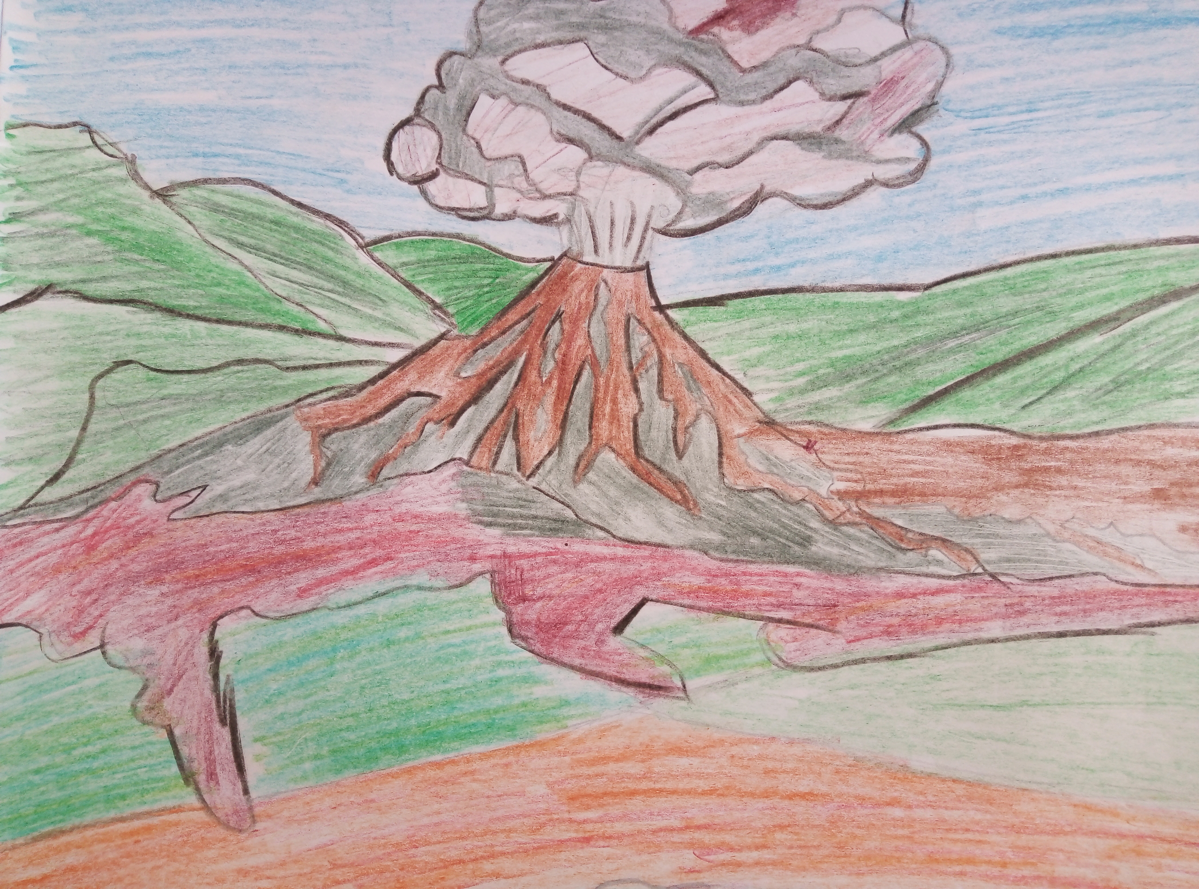 Извержение вулкана рисунок поэтапно